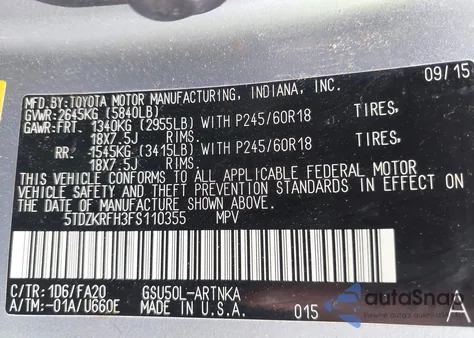 2015 Toyota Highlander Le Plus V6 from USA, damaged, VIN 5TDZKRFH3FS110355